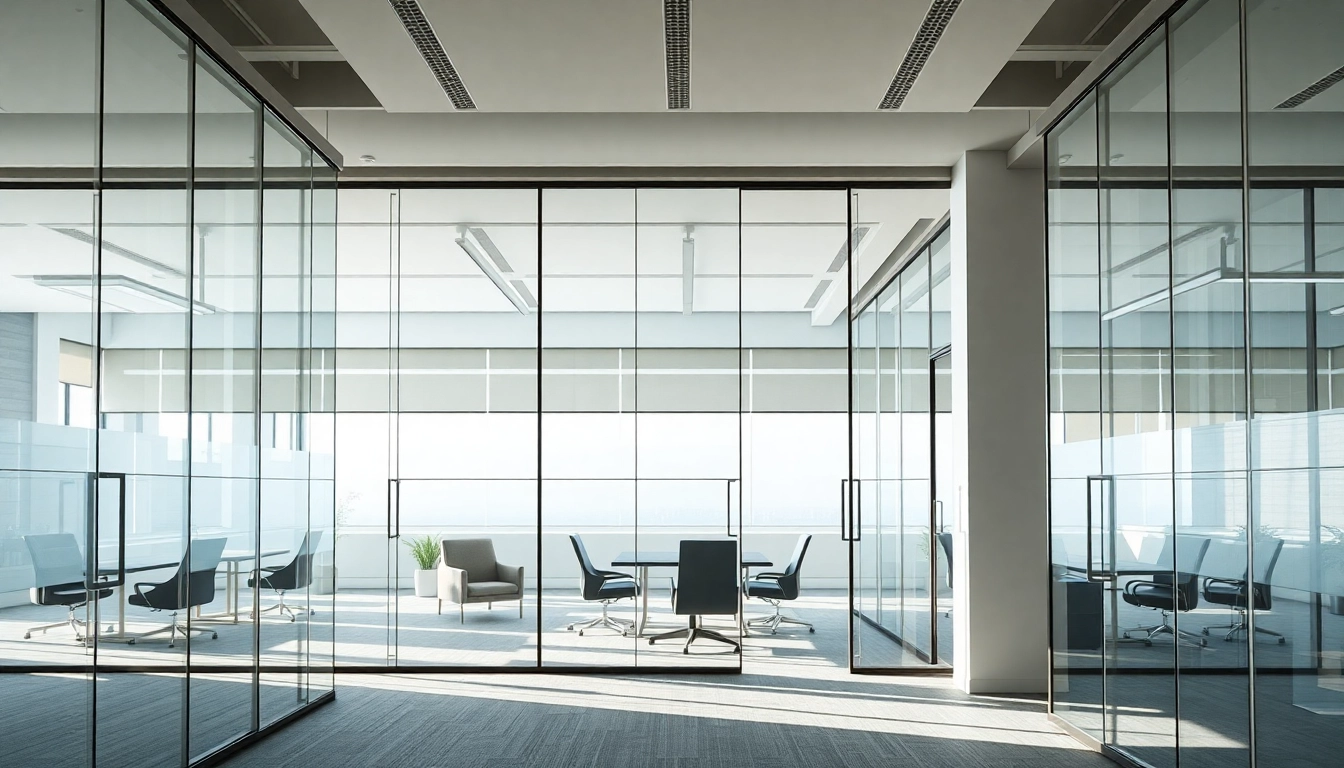 Showcase movable glass partitions creating flexible office layouts with natural light streaming through.