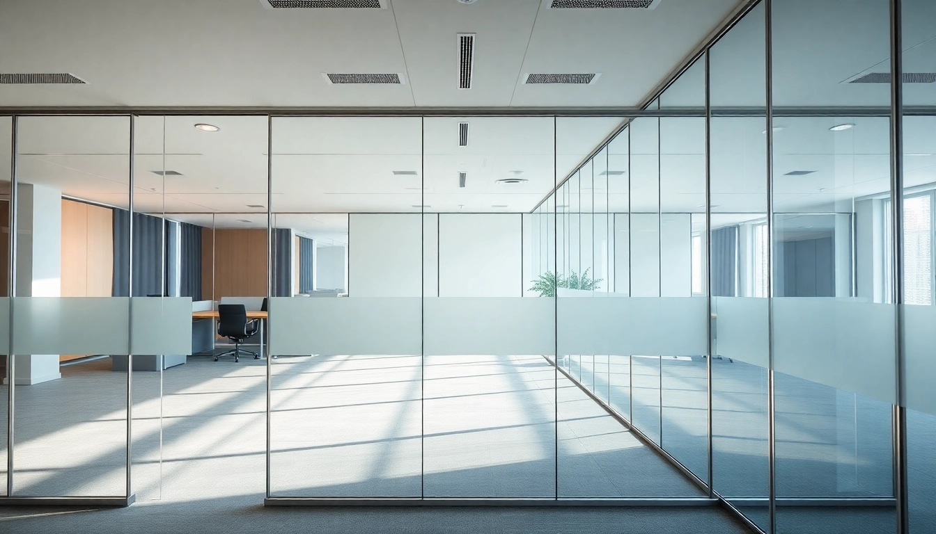 Showcasing movable glass partitions enhancing a modern office's openness and light.