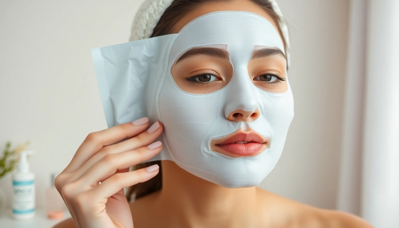 A woman applying a sheet mask, showcasing vibrant hydration and skincare texture for radiant skin.