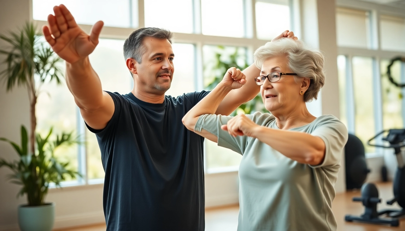Senior Fitness trainer Jersey City assisting an elderly client with a stretching exercise.