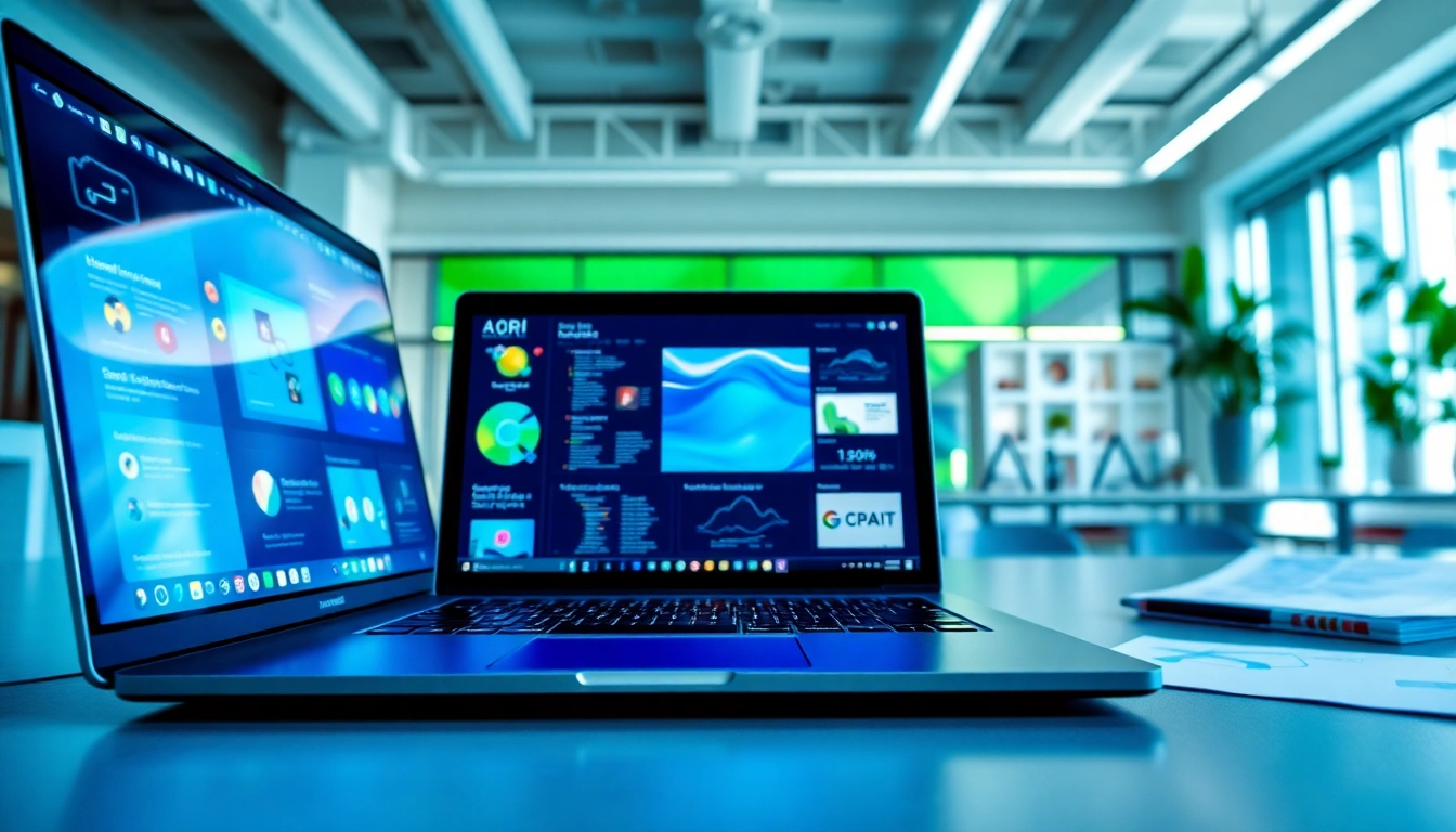 Engaging showcase of AI design tools for businesses in a dynamic digital workspace.