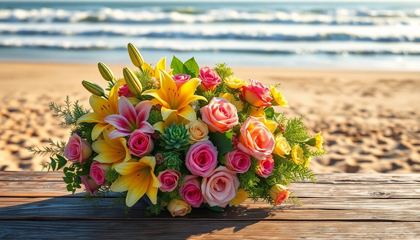 Arranging Huntington Beach flowers vibrantly displayed in a coastal setting.