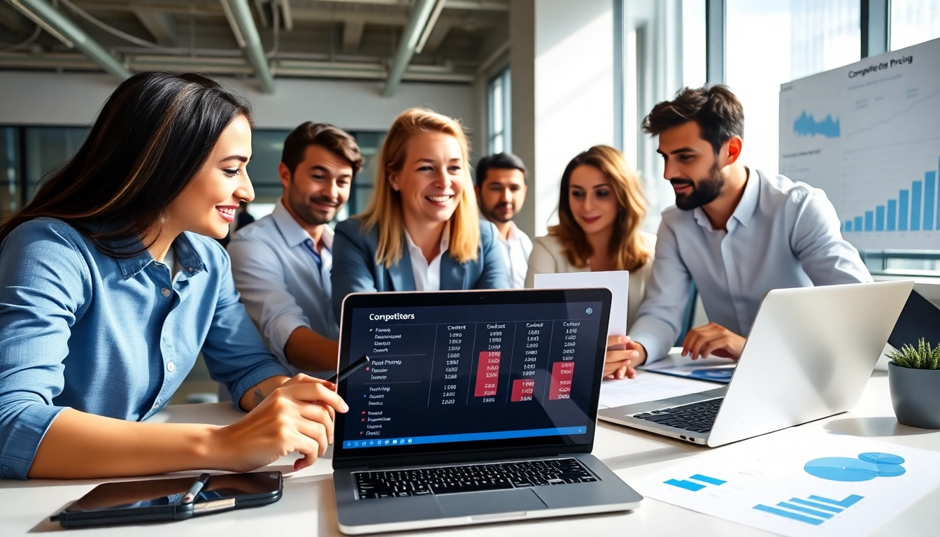 Analyze competitor pricing strategies with a business team in a modern office.