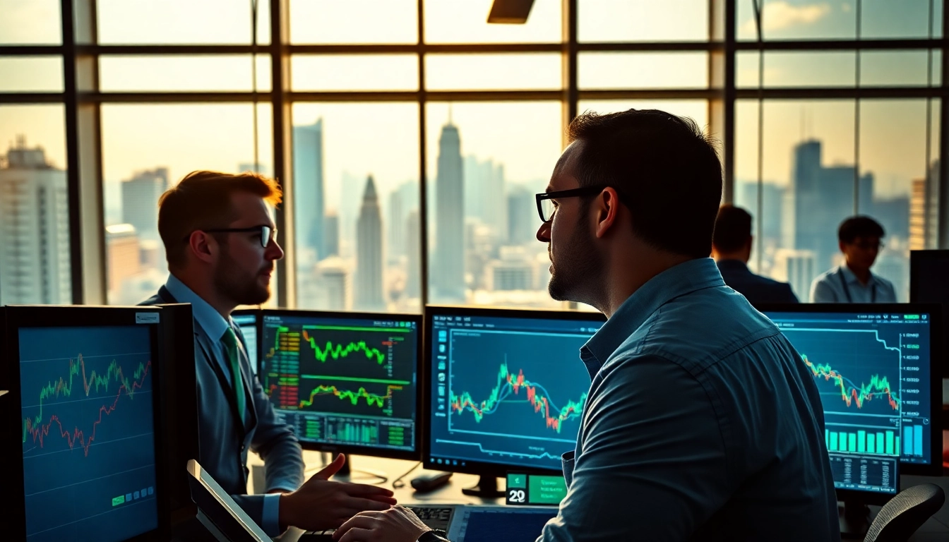 Traders collaborating on strategies in a bustling office focused on trade futures.