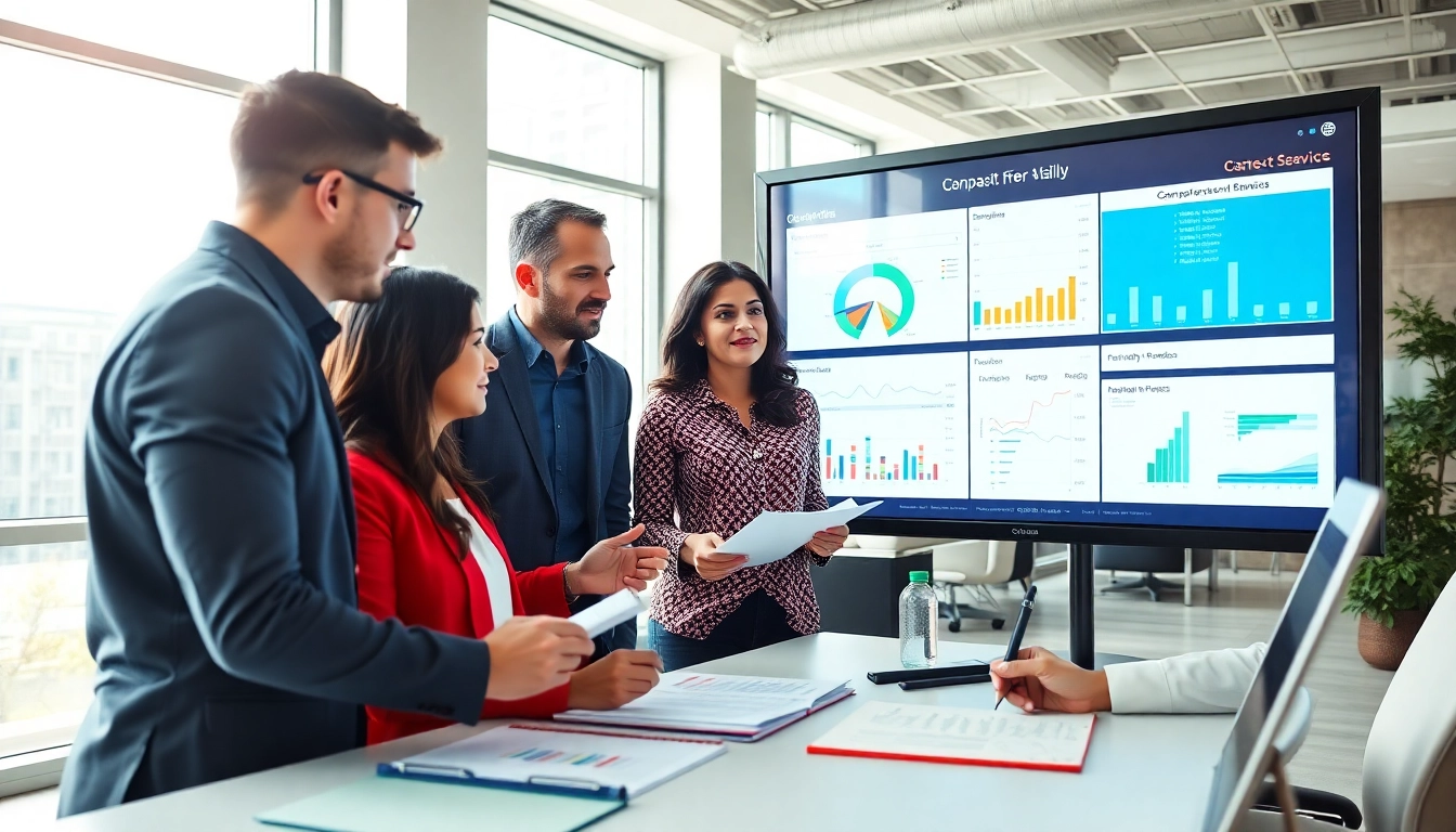 Team conducting competitor pricing research analysis with dynamic data visuals displayed.