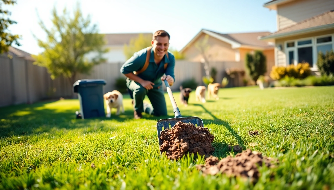 Weekly dog poop scooping with a friendly technician cleaning a suburban yard.