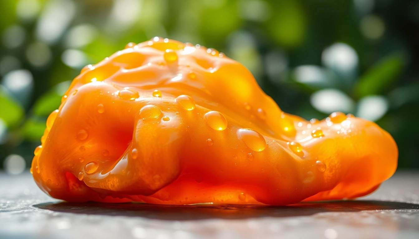 Briser une résine de Benjoin, révélant sa texture dorée et brillante dans un cadre naturel.