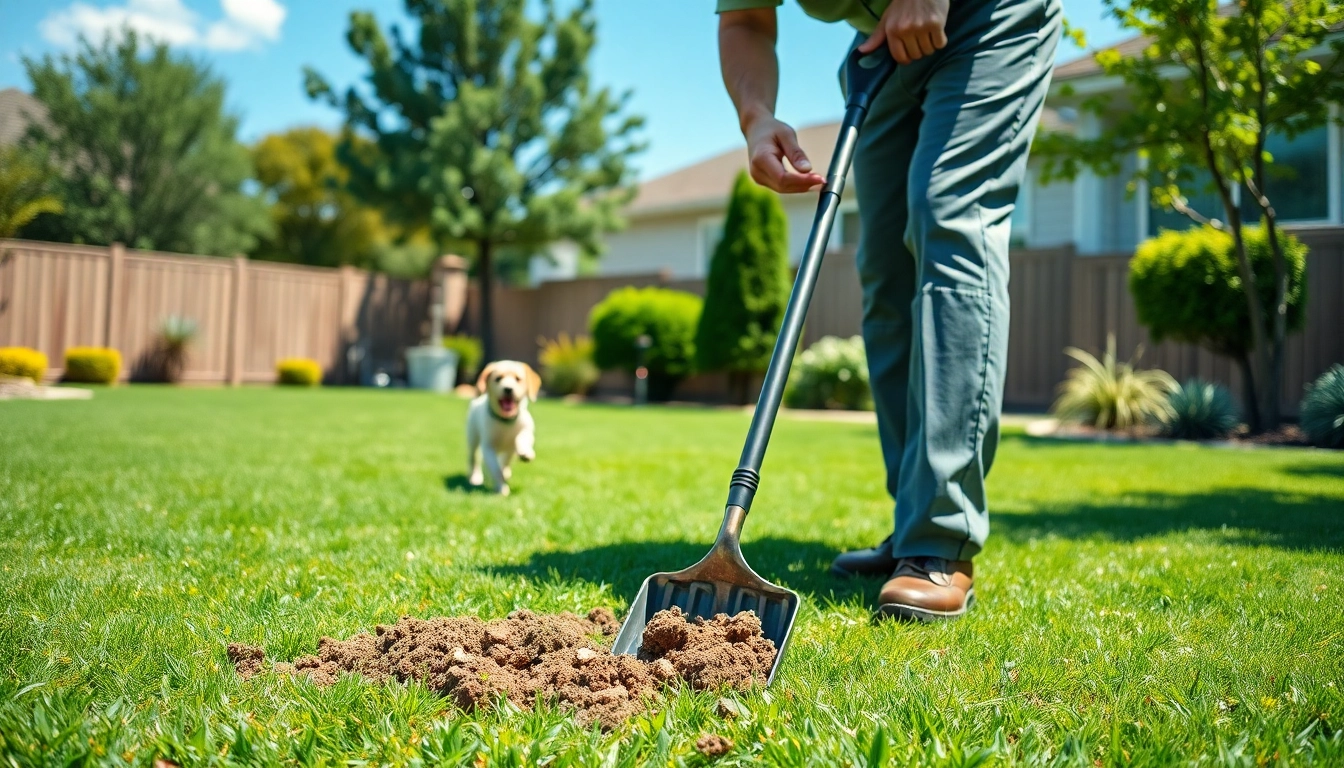 Efficient dog poop pickup service in action, showcasing a cleaner in a yard.