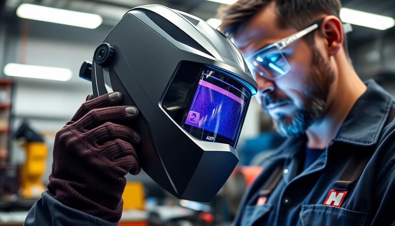 Welder examining a speedglas welding helmet, showcasing its advanced features and design.