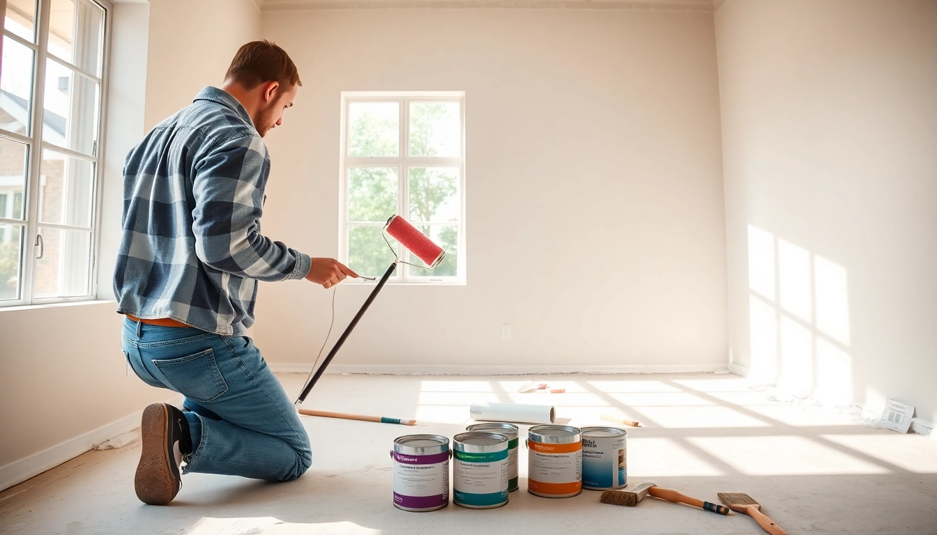 Drywall painting in progress, with a painter applying vibrant paint on freshly primed drywall.