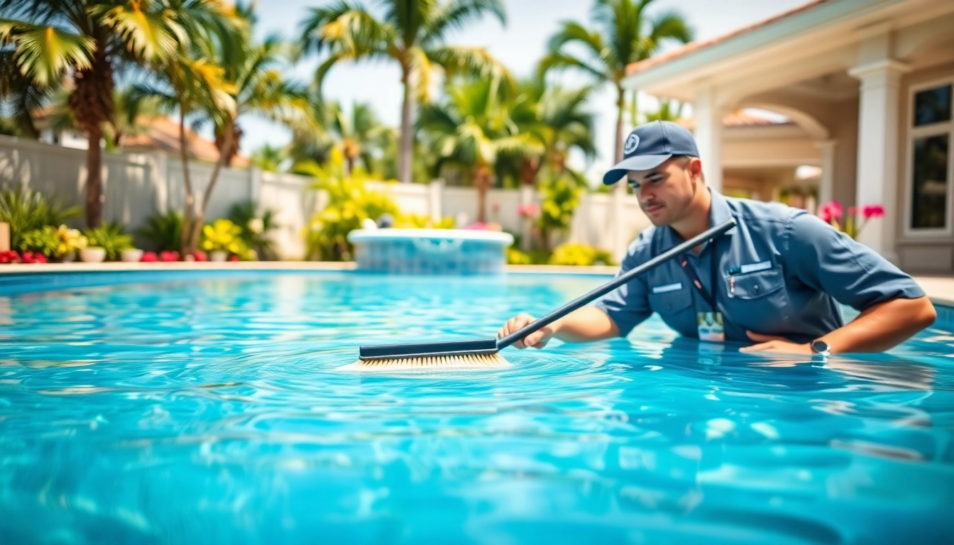 Maintain sparkling cleanliness with expert pool service Largo, featuring a technician at work.