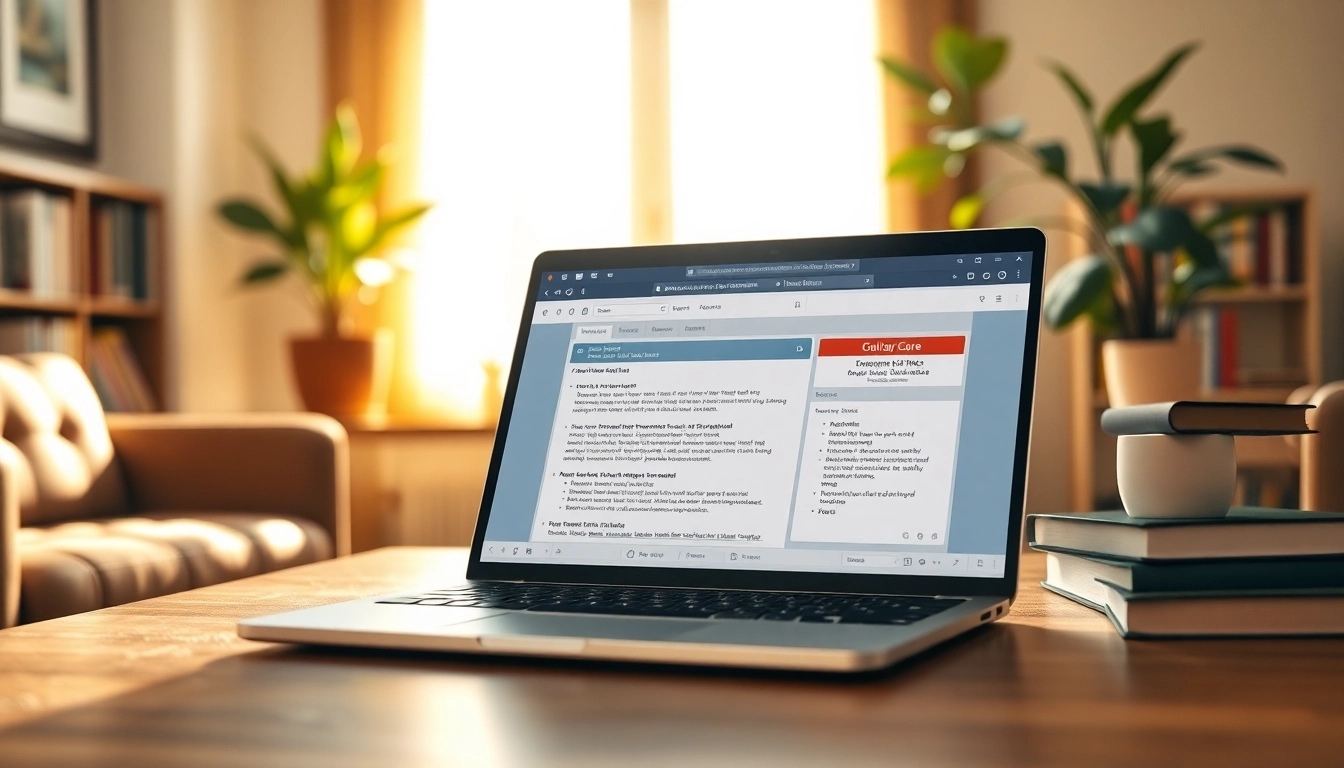 Utilize a plagiarism detector interface on a laptop, showcasing a study space with natural lighting.