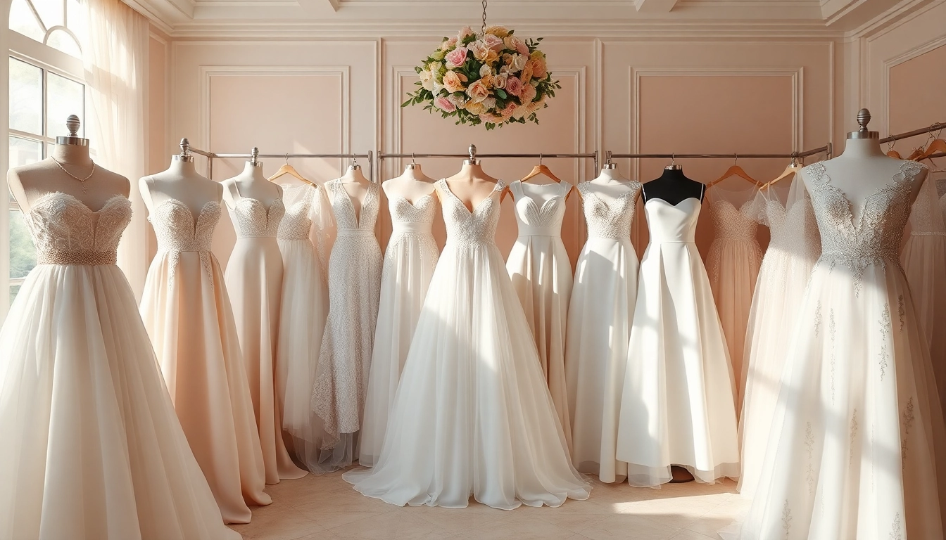Browse exquisite reception wedding dresses in a luxurious boutique setting with diverse styles and elegant designs.