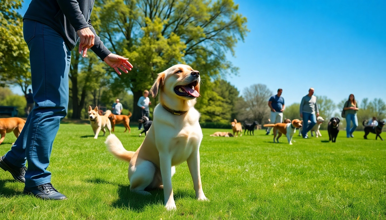 Engaging scene of Dog Training Irvine with a trainer and an eager Labrador Retriever in a sunny park.