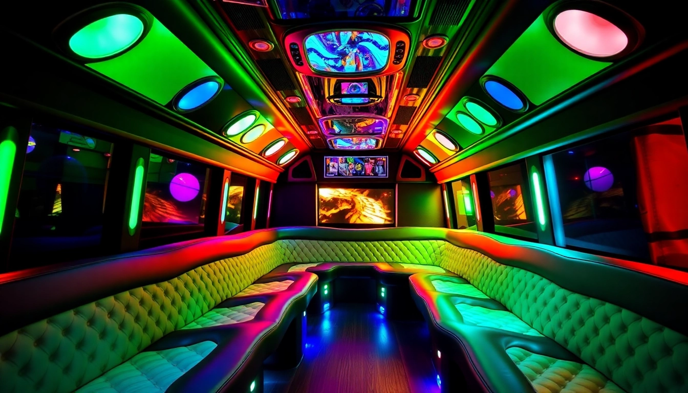 Guests enjoying a lively Atlanta party bus ride with plush interiors and vibrant lights.