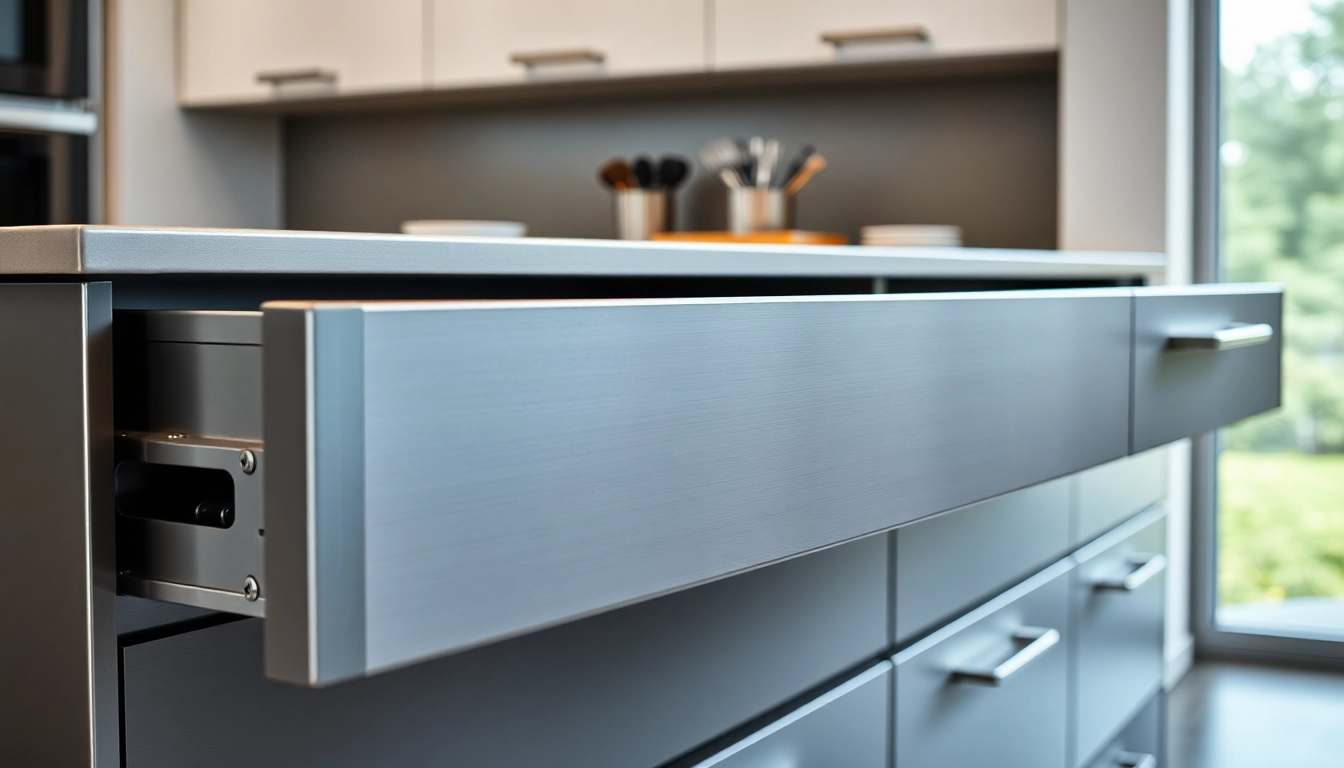 Showcase of a Metal Drawer System highlighting its sleek design and functionality in a modern kitchen.