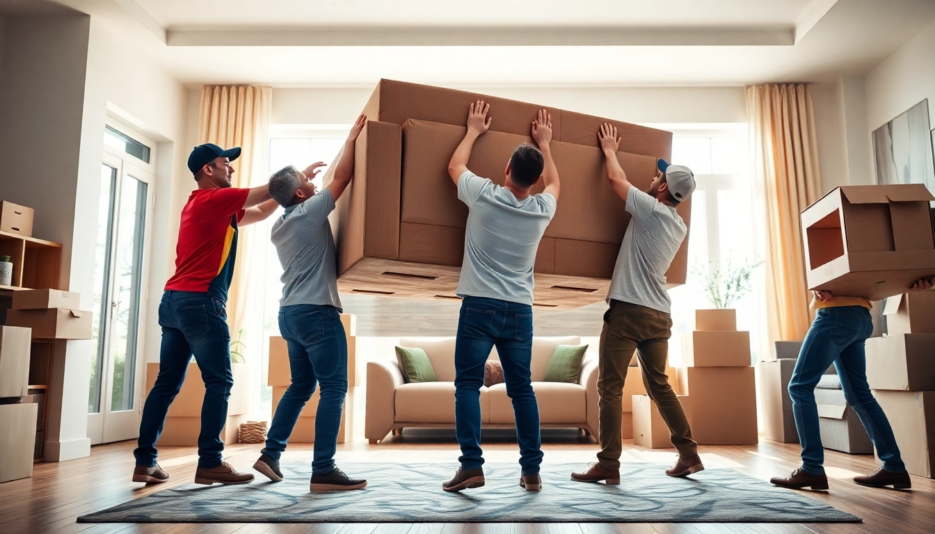 House moves: Professional movers synchronously lifting a couch in a bright room.