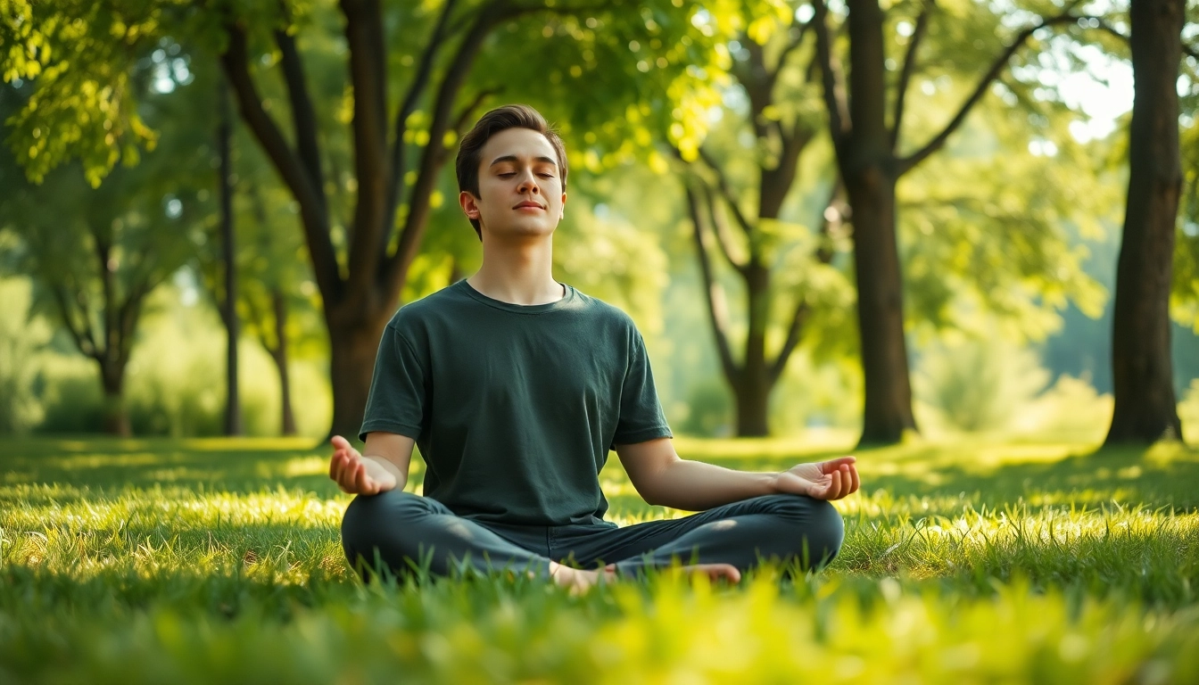 Practicing mindfulness techniques for dealing with anxiety in a serene outdoor setting.