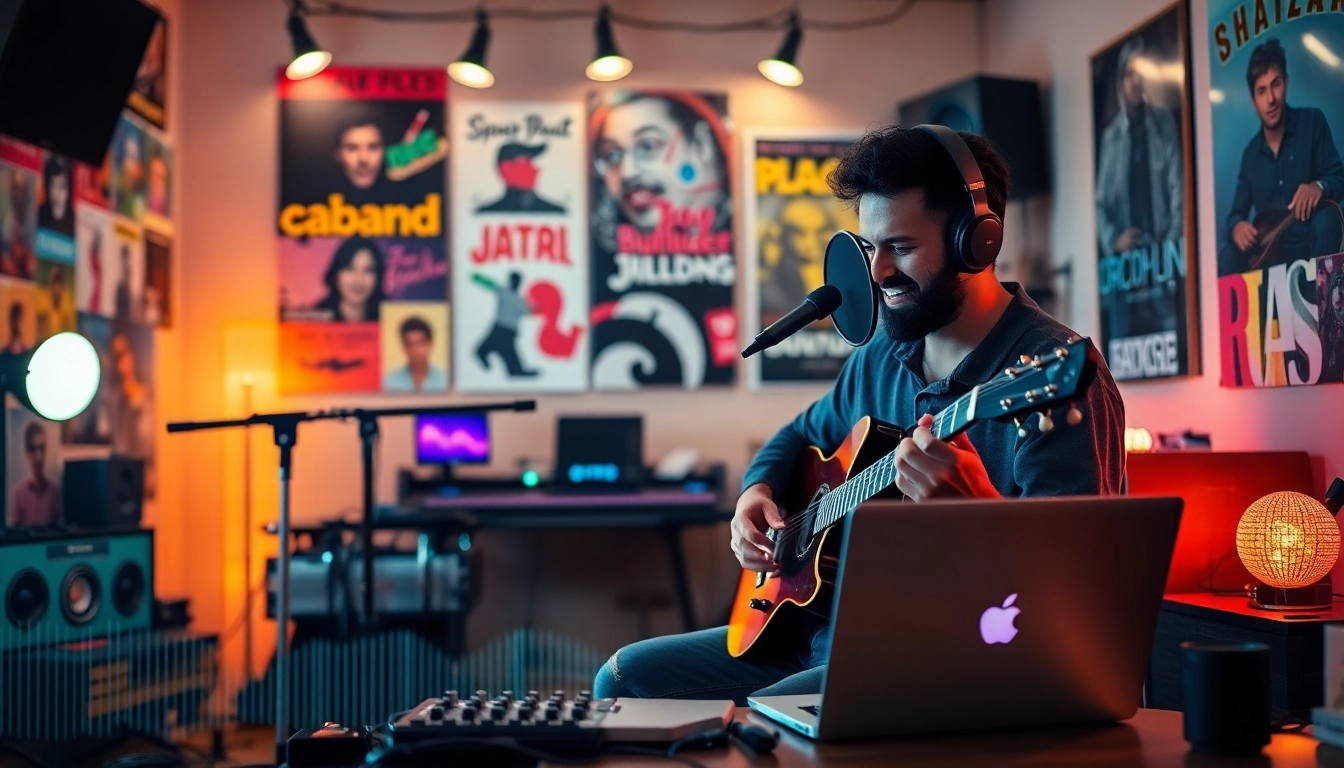 Engaging artist crafting their music pitching strategy in a vibrant home studio setting.