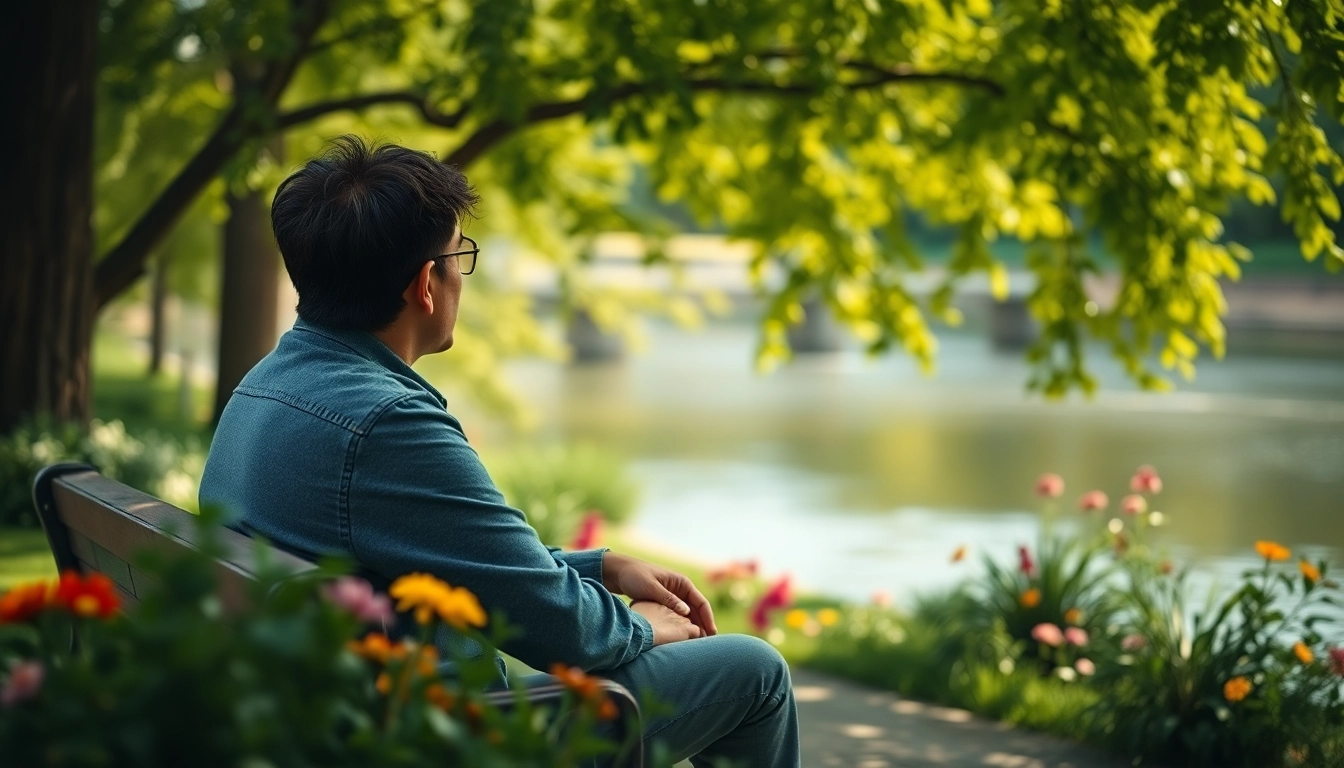 A person dealing with depression reflects on life in a peaceful outdoor setting.