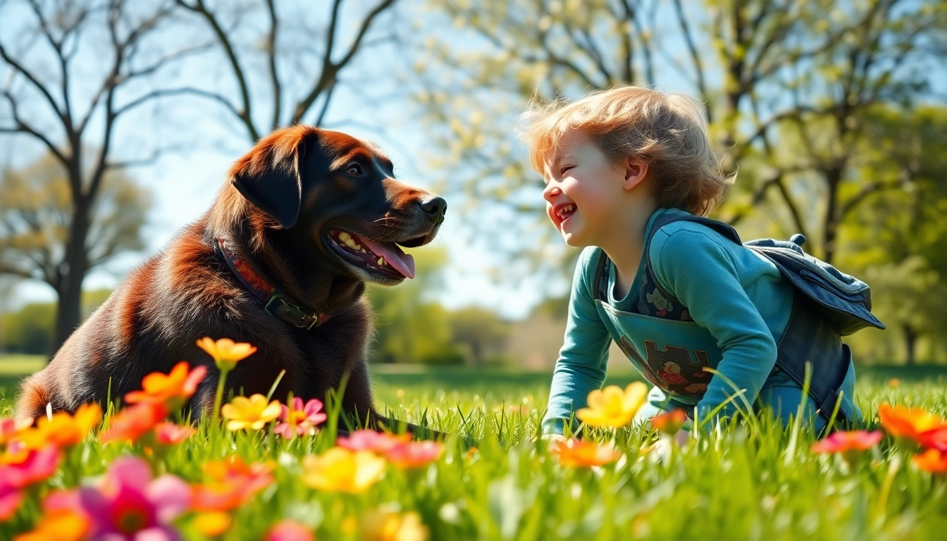 Autism service dogs provide companionship and support to children with autism in a vibrant park setting.