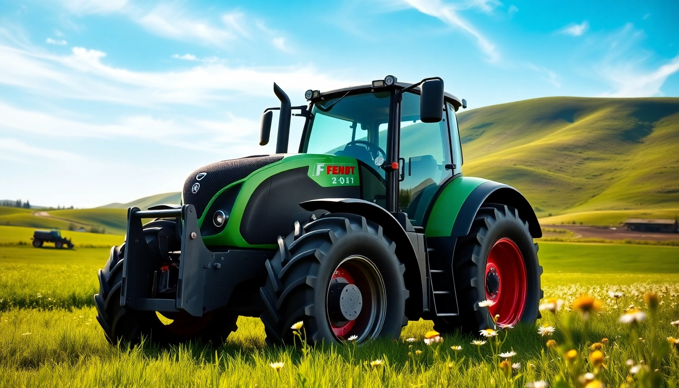 Fendt Traktor zeigt moderne Ingenieurskunst in einer blühenden Landschaft.