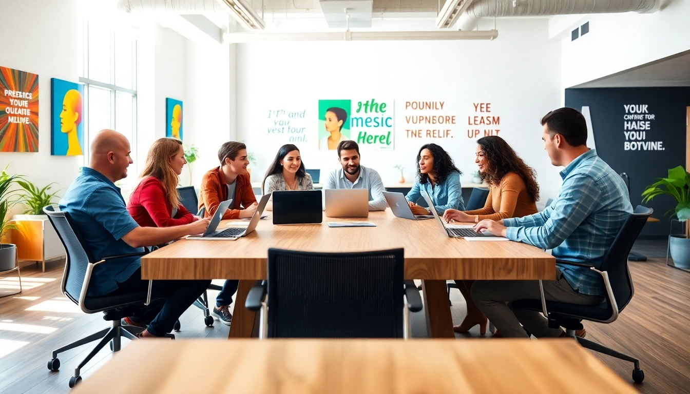 Visualize the social media agency team collaborating in a vibrant office space.