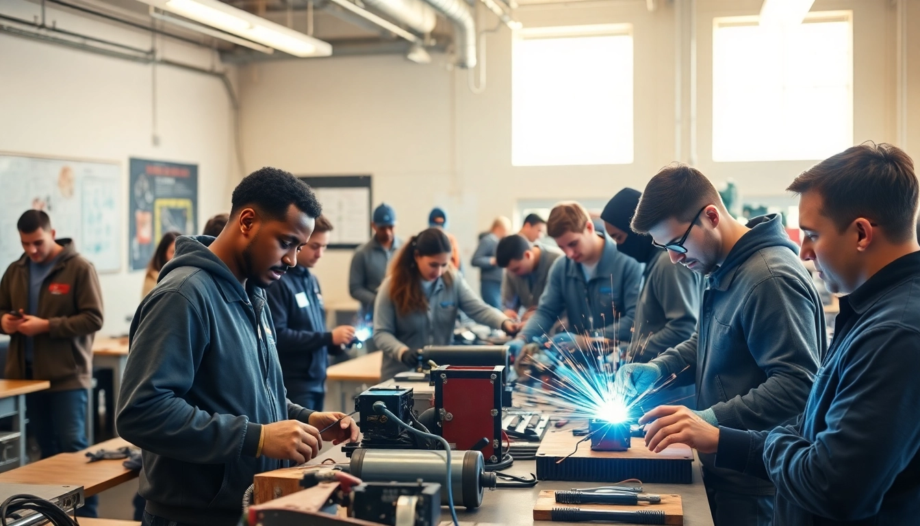 Training at a trade school Knoxville TN with students practicing welding and electrical skills.