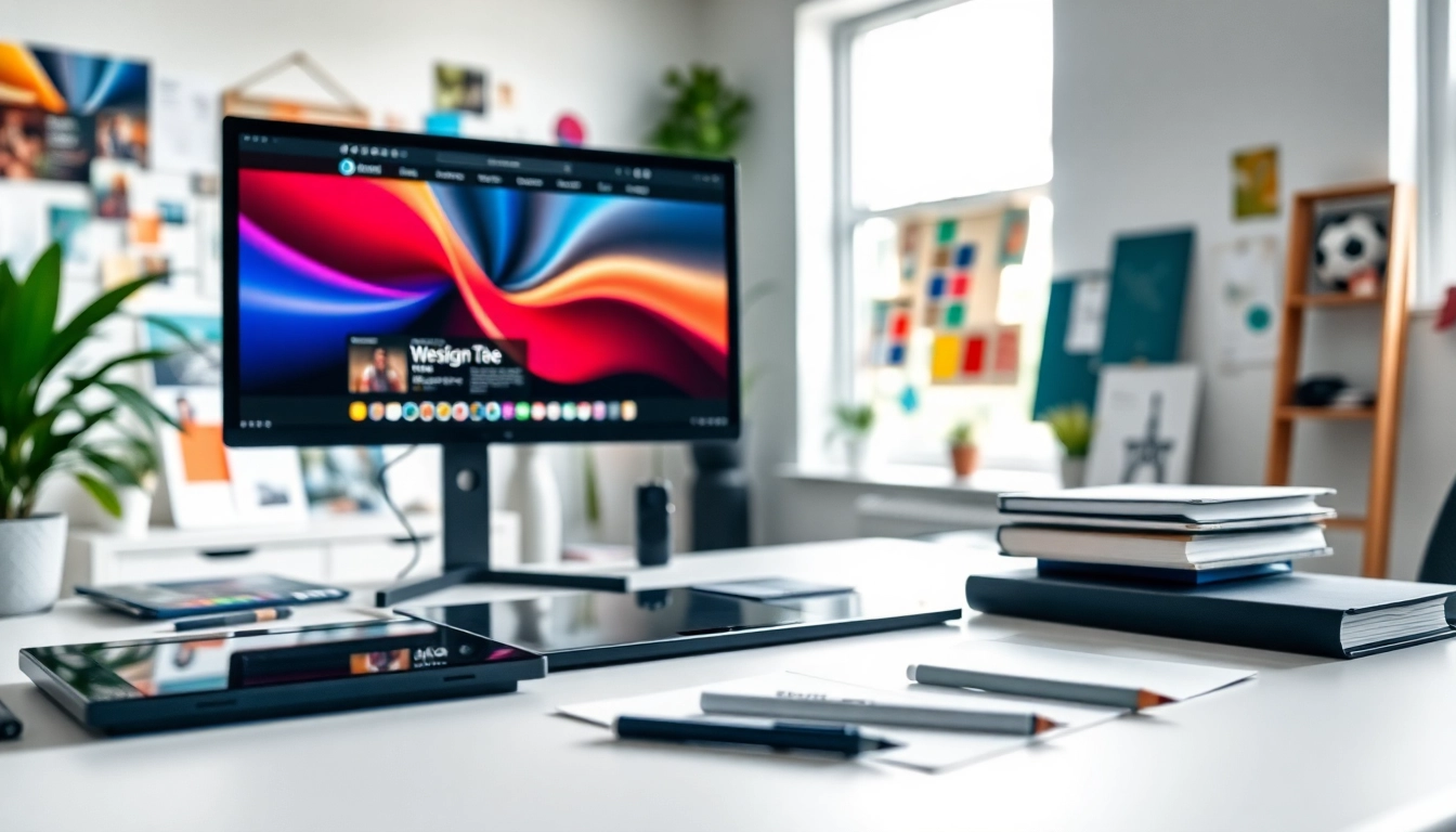 Design a website design workspace featuring innovative tools and a creative atmosphere.