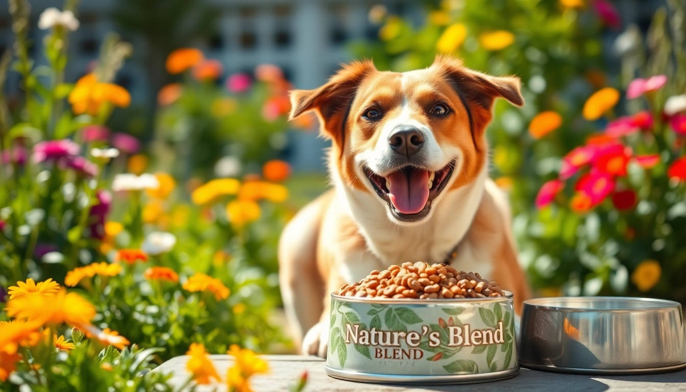 Dog savoring nature's blend dog food Canada in a sunny outdoor garden.