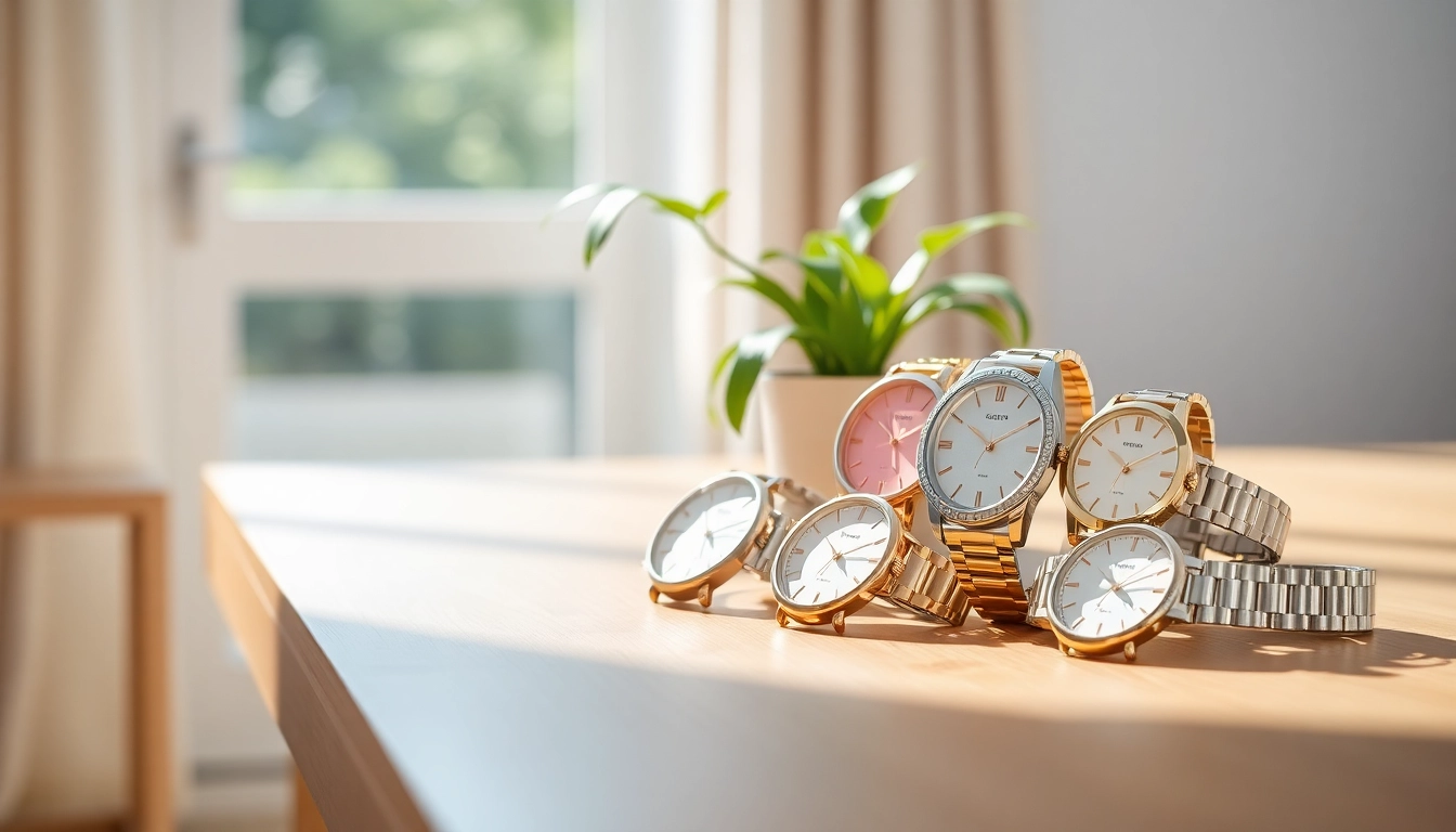 Damen Armbanduhren in verschiedenen Stilen auf einem eleganten Tisch präsentieren