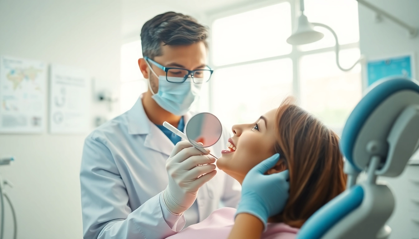 Checkups for dental health with a dentist examining a patient's teeth in a bright clinic.