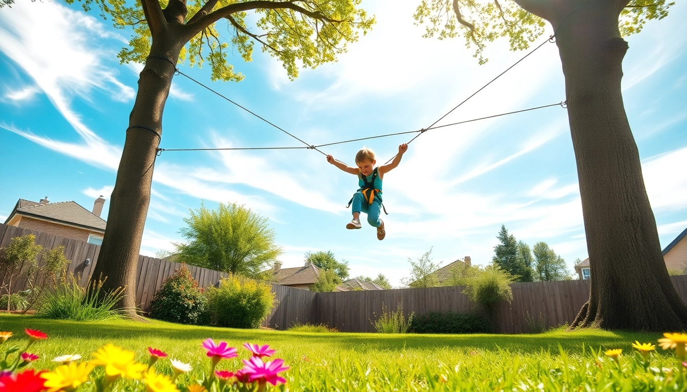 Children enjoying the GARDEN ZIP WIRE KIT in a sunny backyard setting.
