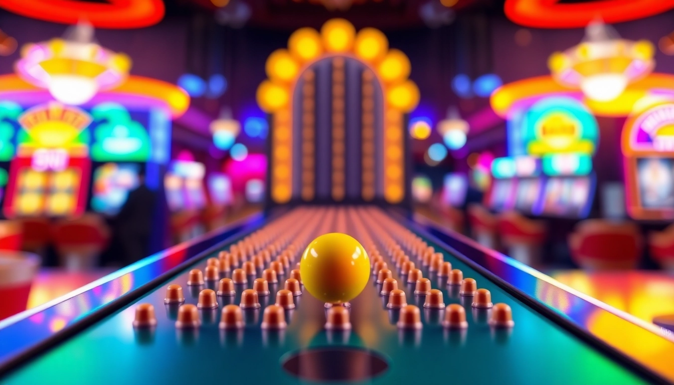 Играть плинко в казино с шариком падающим на доску Plinko в яркой обстановке.