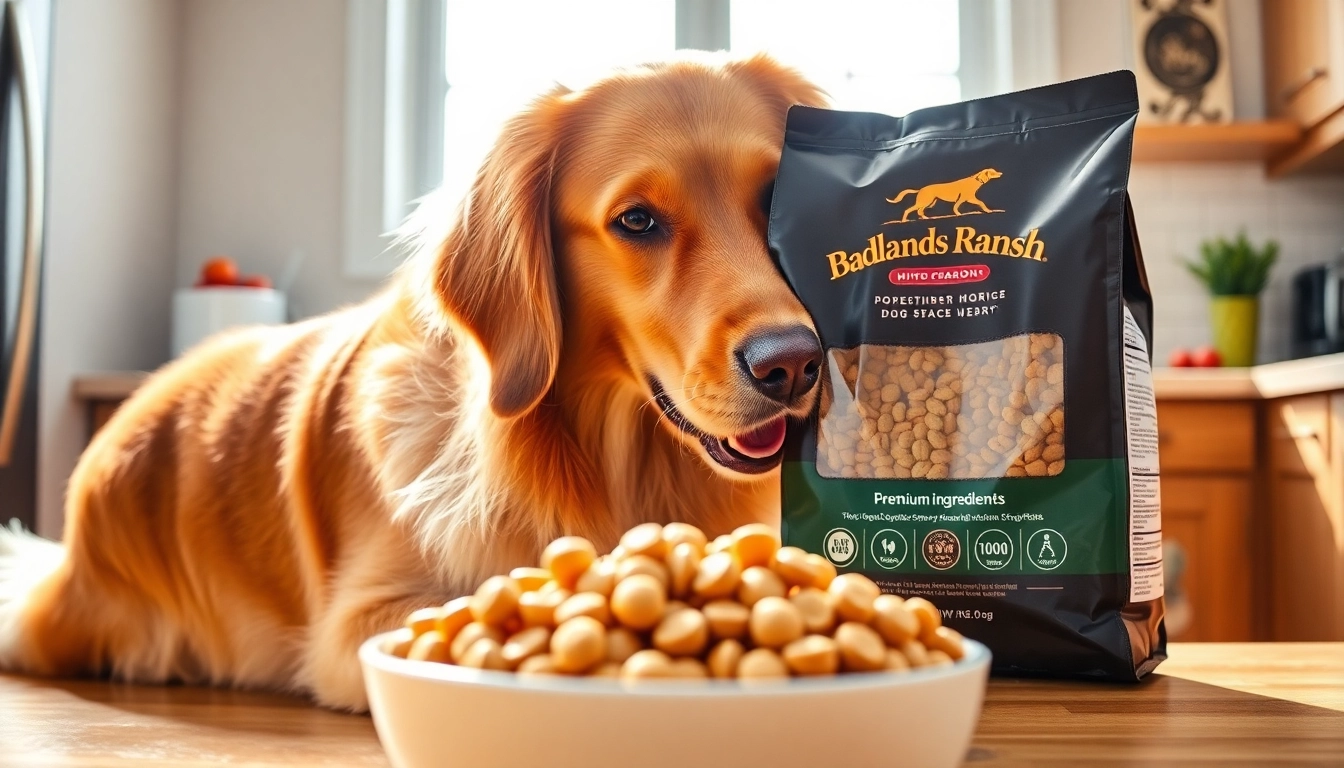 Pouring badlands ranch dog food into a bowl, showcasing its healthy ingredients and appealing texture.