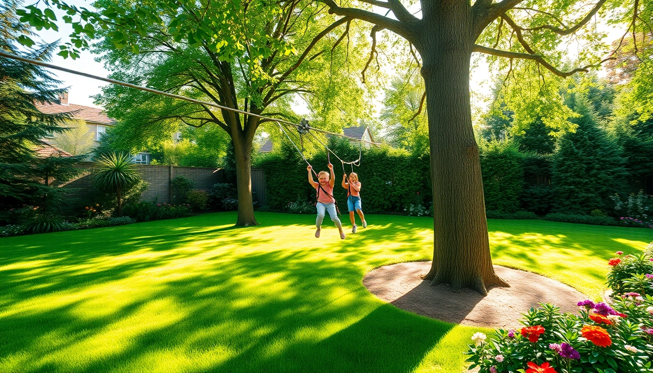 Experience joy with a GARDEN ZIP WIRE KIT in a family-friendly backyard setting.