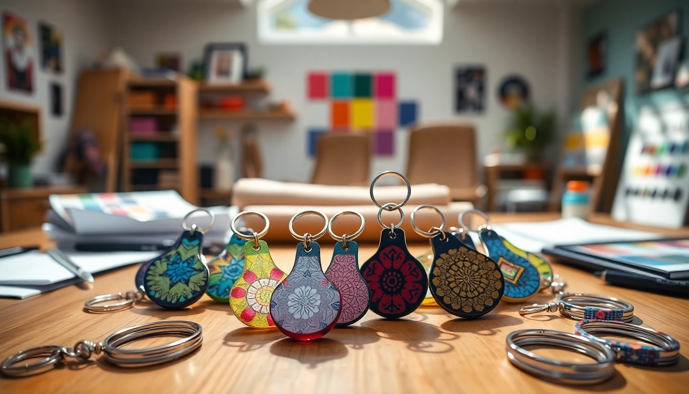 Custom acrylic keychain showcasing vibrant designs in a creative workspace.