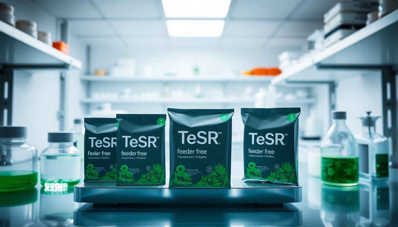 All check on TeSR™ feeder-free media with clear packaging in a lab setting, emphasizing quality.