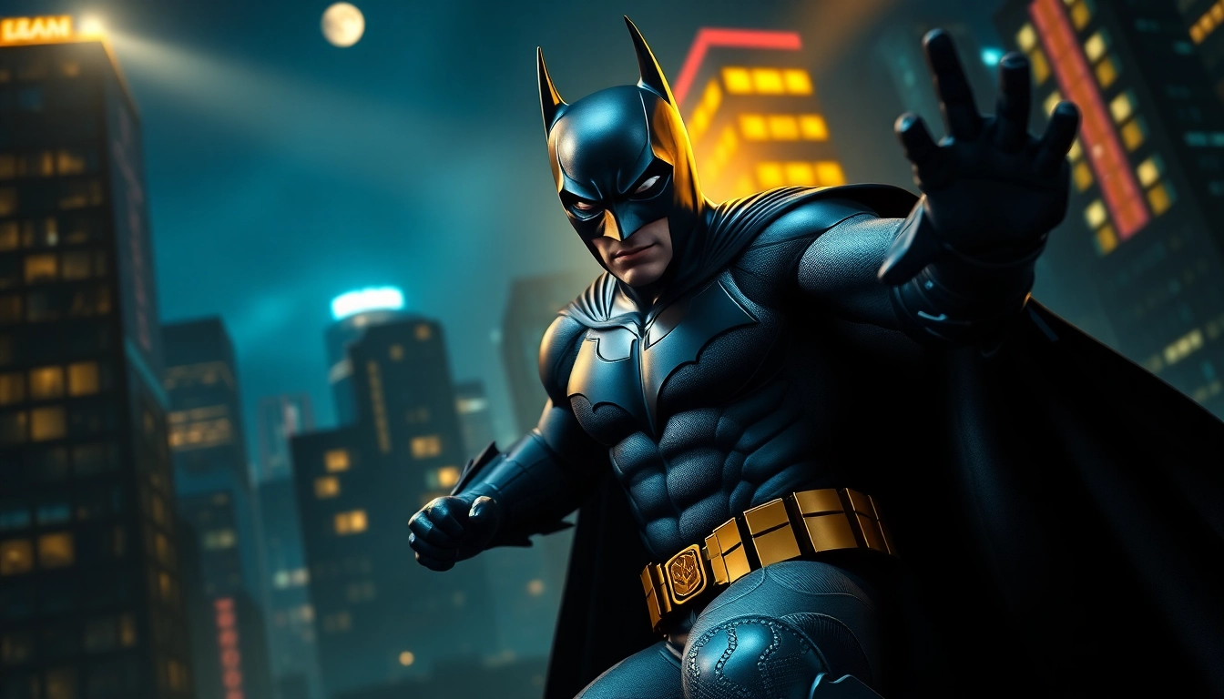 Gambarkan game batman138 dengan pahlawan Batman siap beraksi di kota berpenerangan neon.