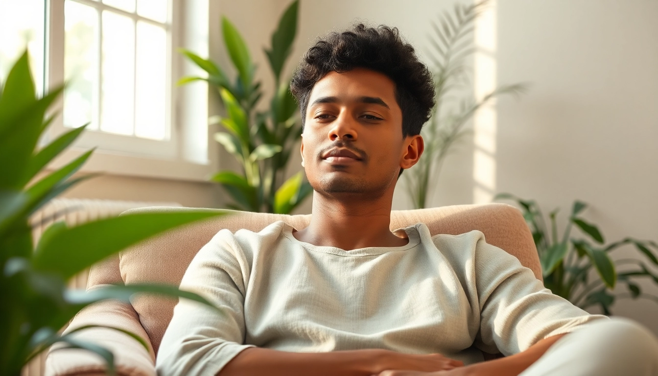 Individual healing trauma in a serene therapy setting, surrounded by greenery and soft sunlight.