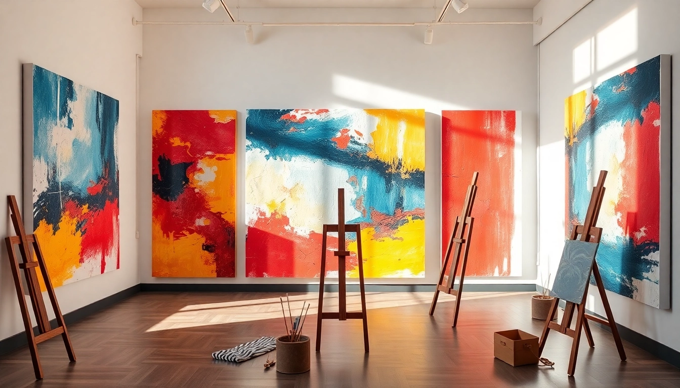 Showcasing vibrant abstract paintings art in a contemporary gallery setting with dynamic colors.