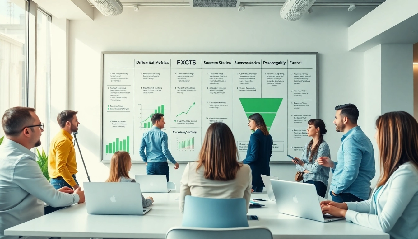 Entrepreneurs collaborating on funnelology strategies in a vibrant modern office environment.