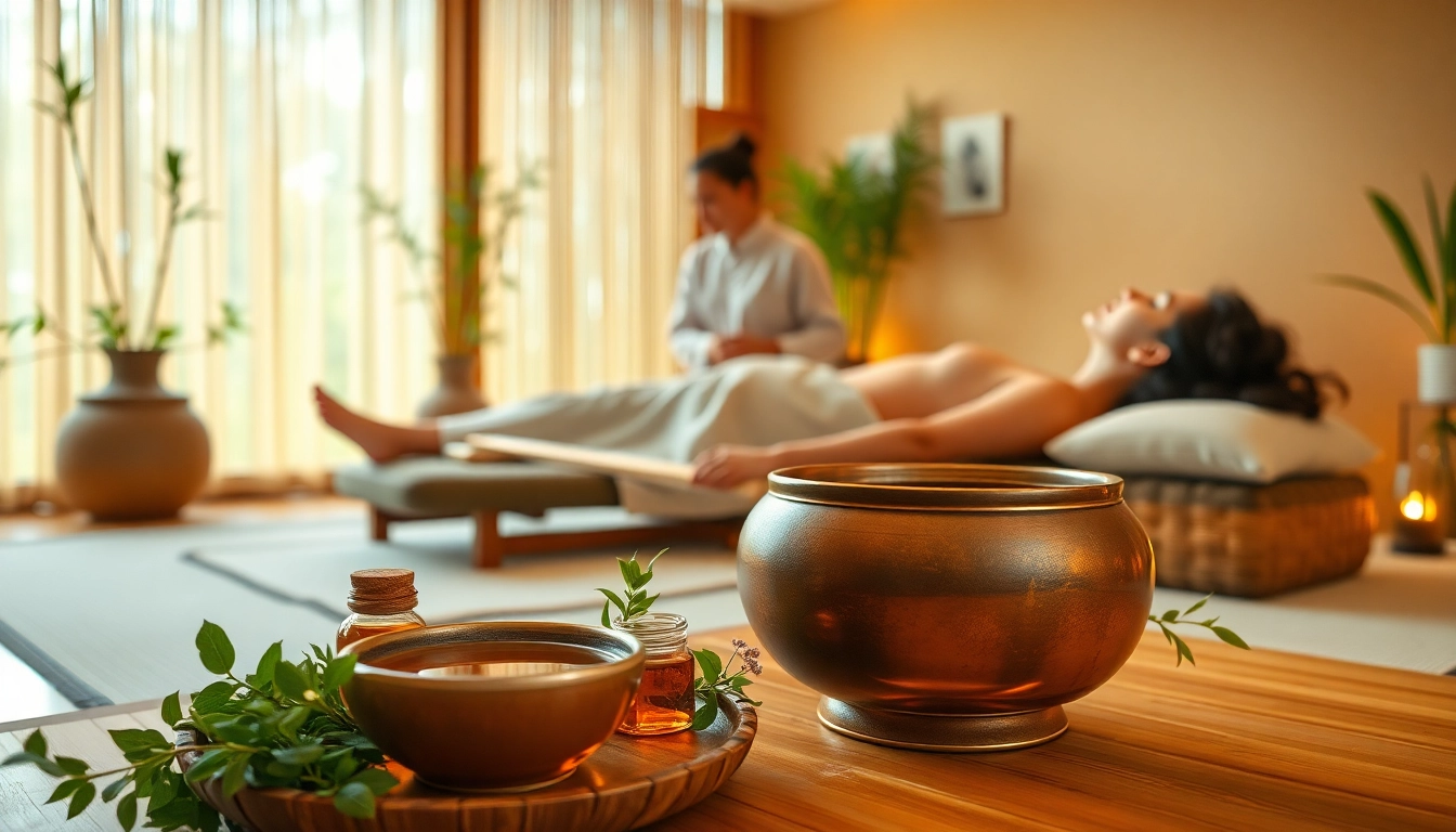 Pancharma-Kur Behandlung in einem traditionellen Ayurveda Spa mit beruhigenden natürlichen Elementen.