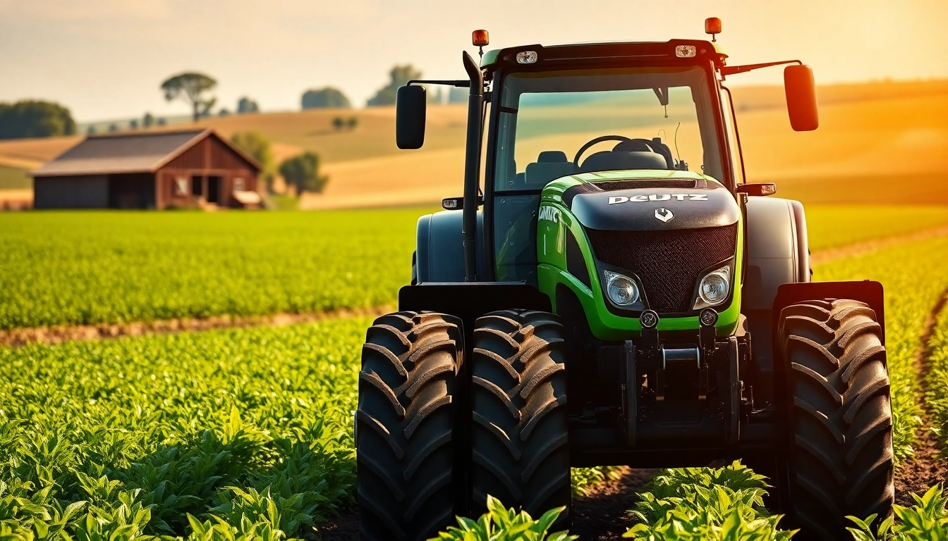 Deutz Fahr Traktor arbeitet effizient in einem weitläufigen Feld voller reifer Pflanzen.