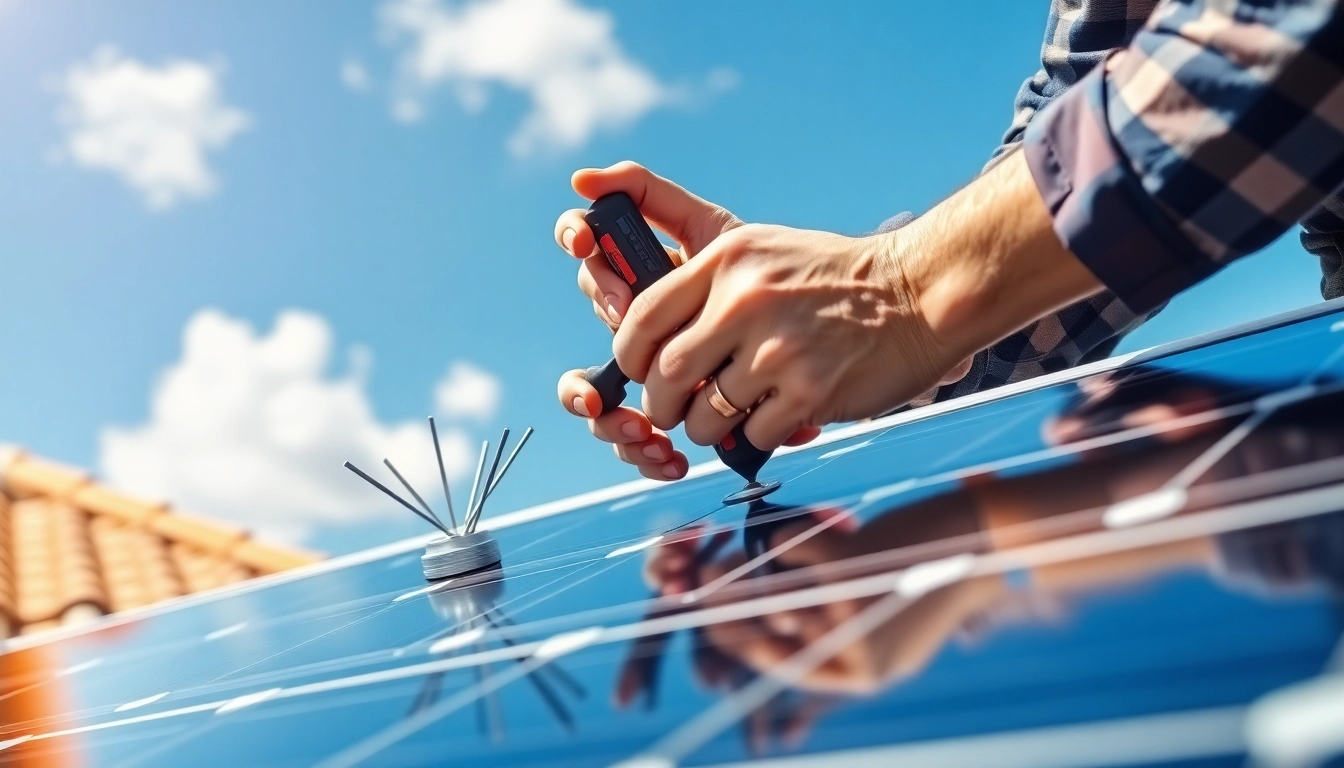Pigeon proofing solar panels Phoenix with a technician installing anti-pigeon spikes for effective prevention.
