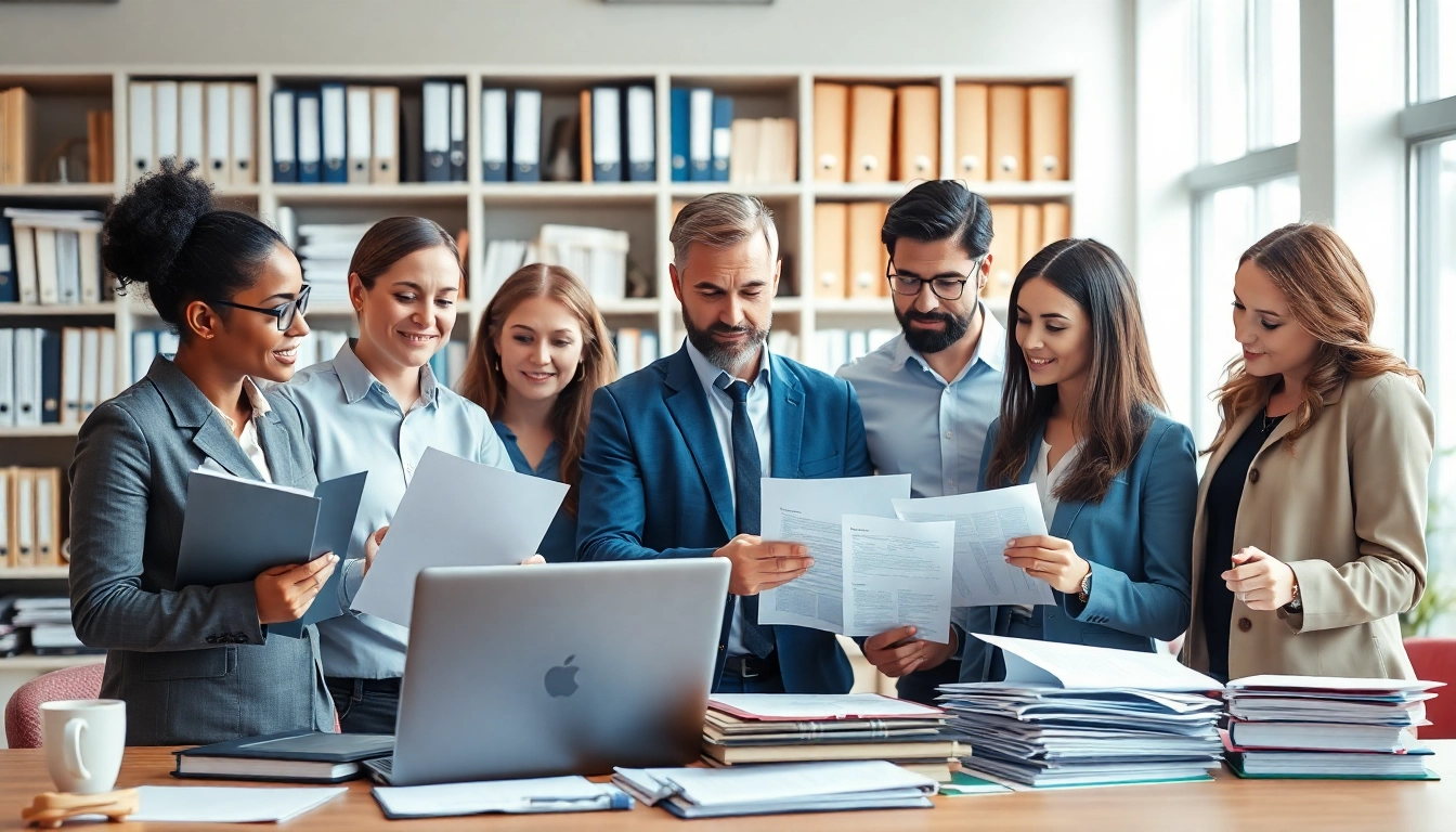 Streamlined QSM document clearing services team collaborating in an organized office.