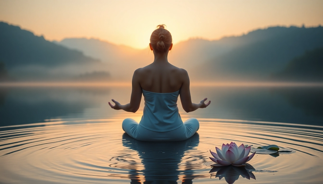 Promote wellness with a calming meditation scene by a tranquil lake.