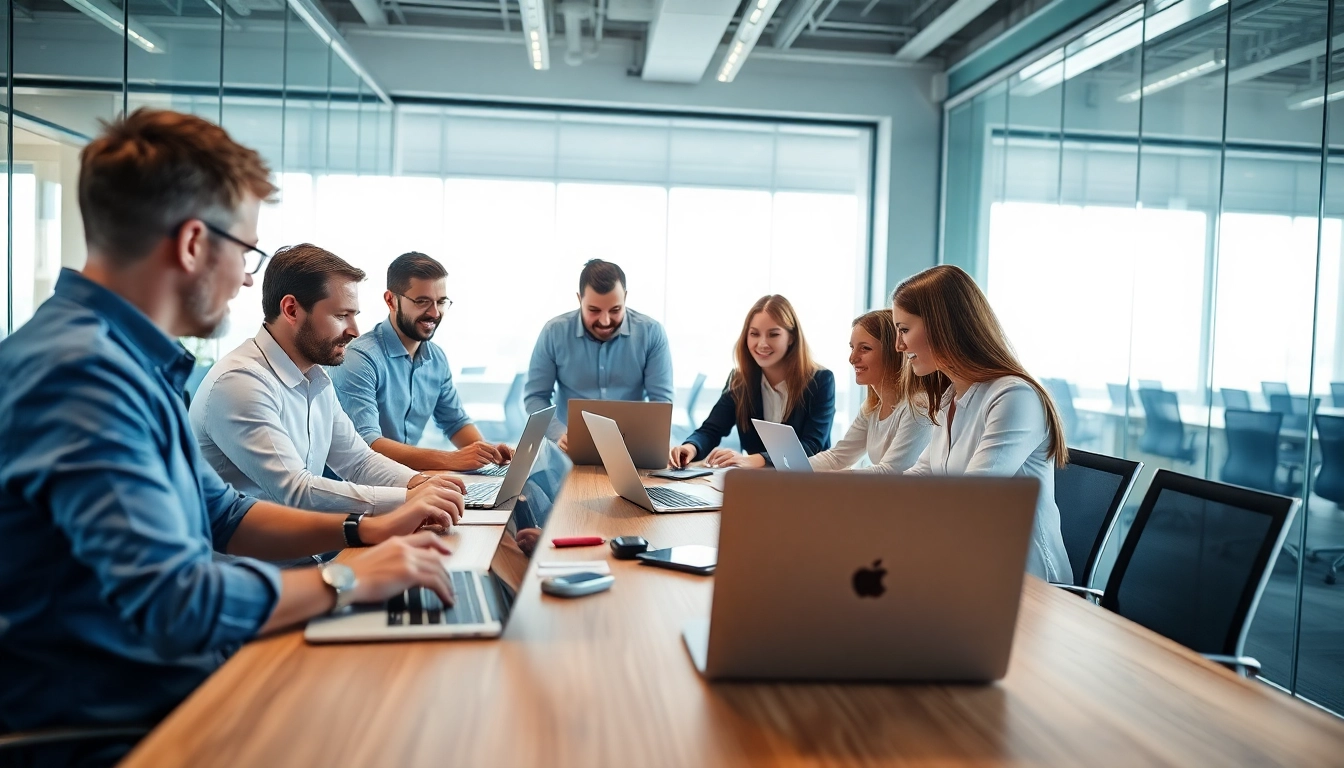 Team providing IT Services in a collaborative office setting with modern devices.