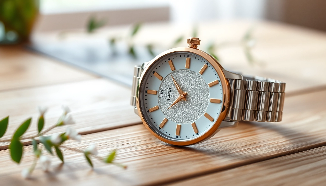 Damen Armbanduhr mit funkelndem Zifferblatt und zierlichem Armband stilvoll präsentiert.