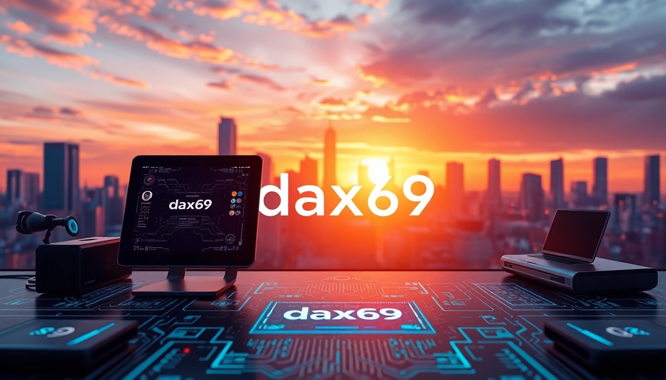 Menampilkan antarmuka dax69 dengan latar belakang kota futuristik dan nuansa cerah.